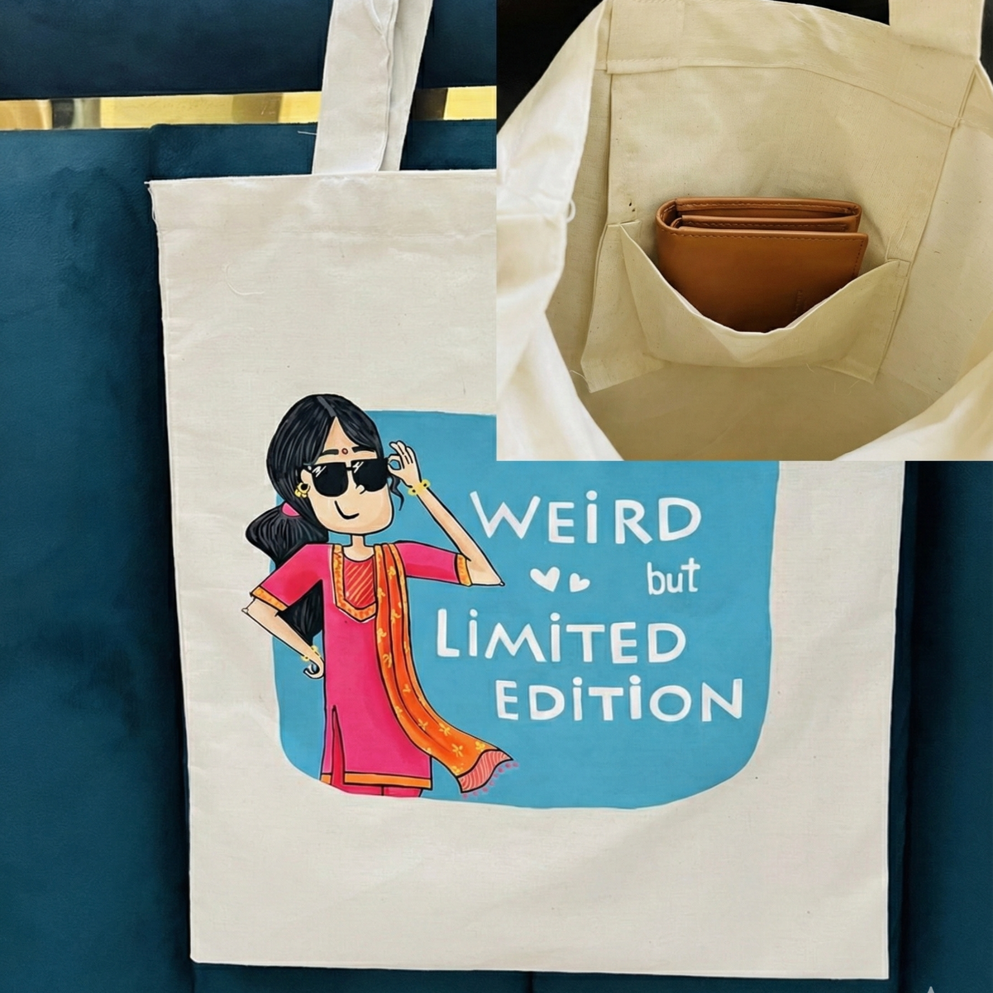Hand-Painted Cotton Tote Bag with Inside Pocket – “Weird but Limited Edition” Art Design
