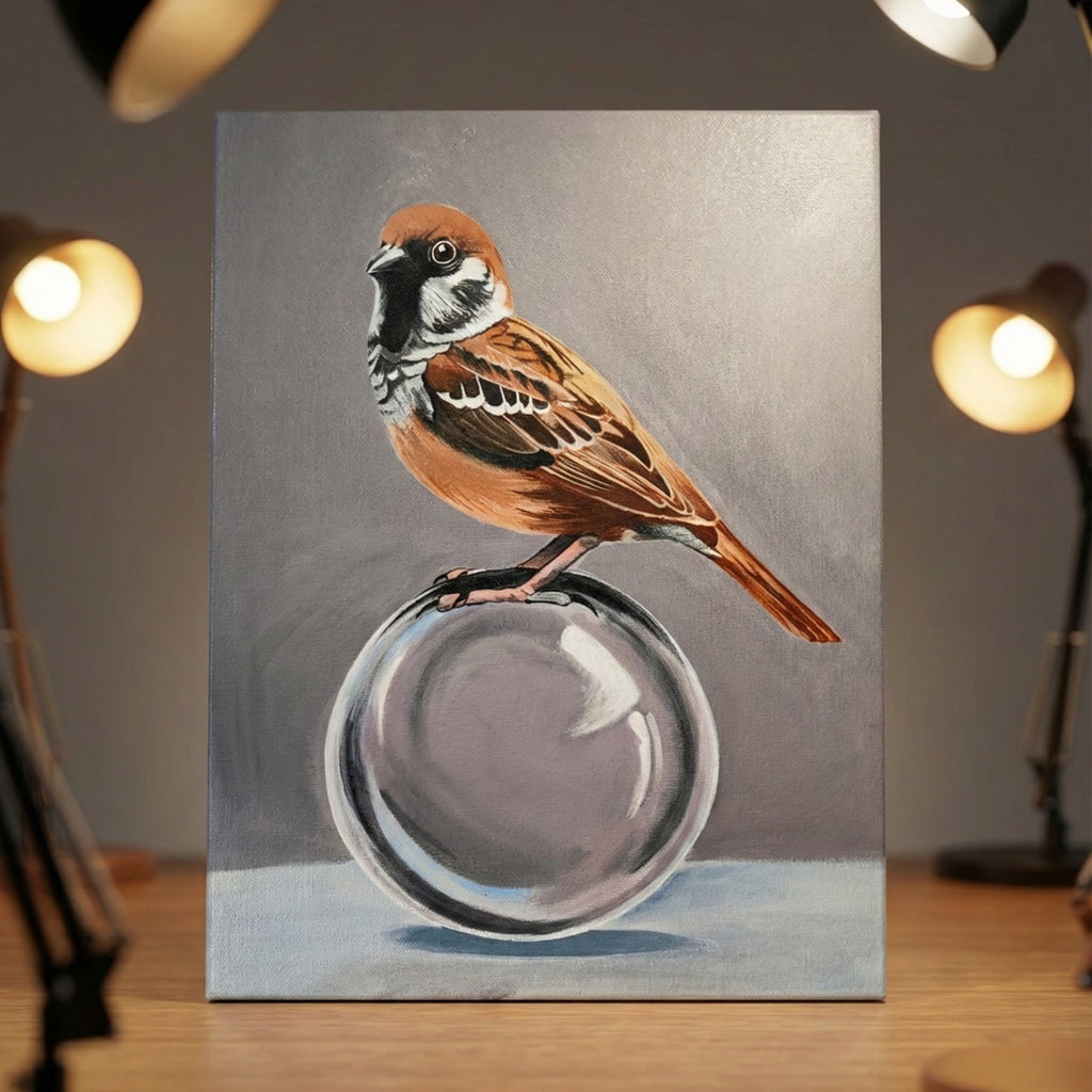 Hyper-Realistic Sparrow Wall Painting | Handmade Acrylic Art on Canvas | 16×12 Inch