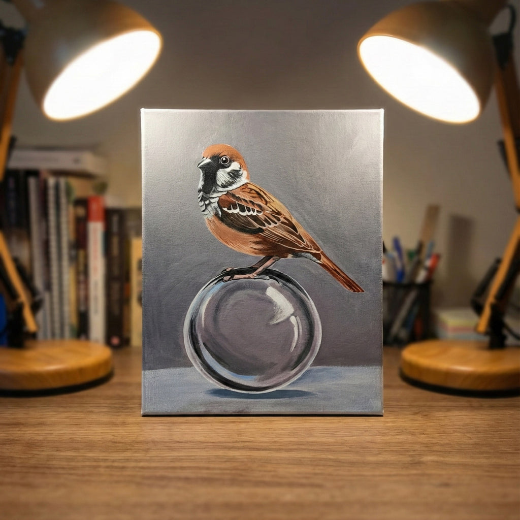 Hyper-Realistic Sparrow Wall Painting | Handmade Acrylic Art on Canvas | 16×12 Inch