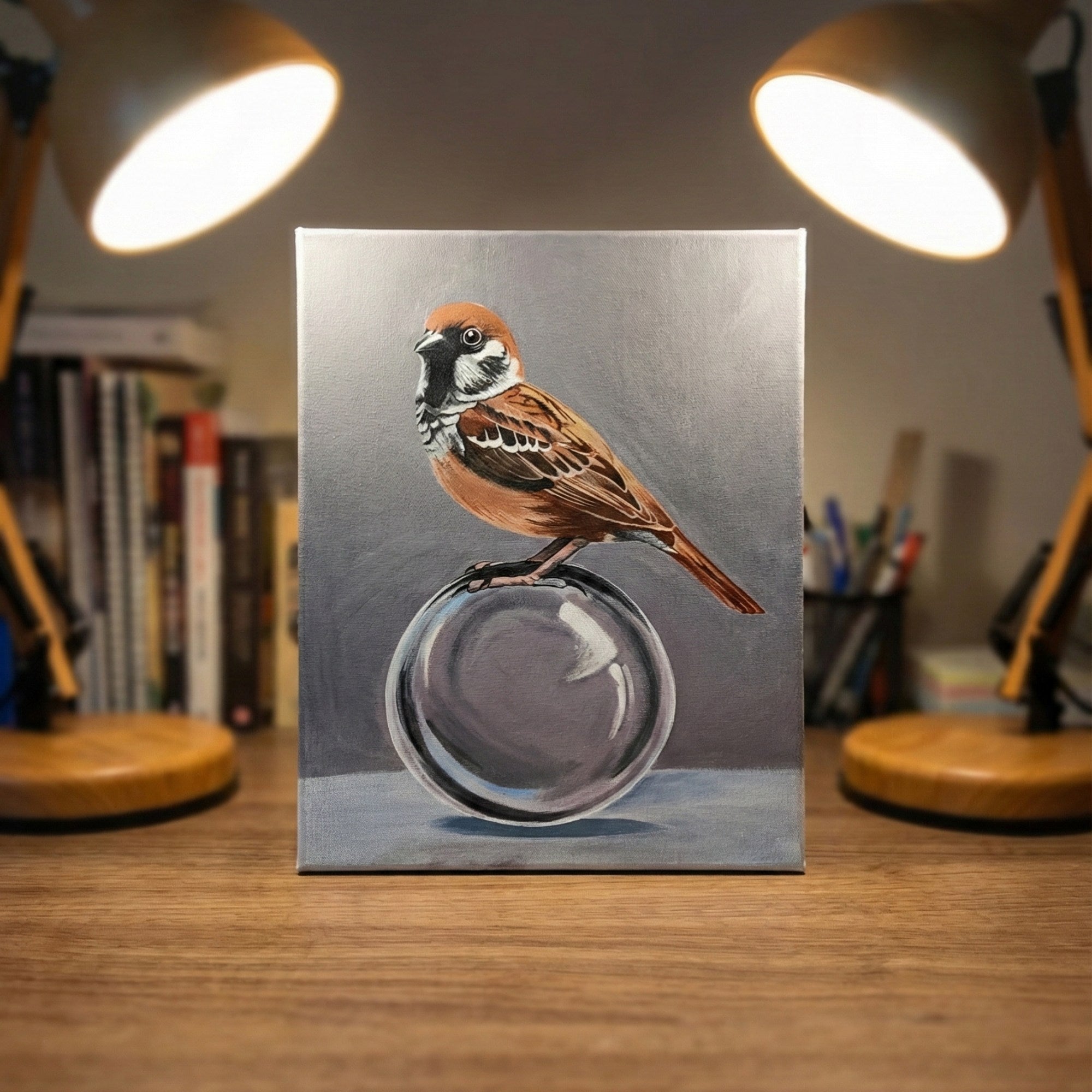 Hyper-Realistic Sparrow Wall Painting | Handmade Acrylic Art on Canvas | 16×12 Inch