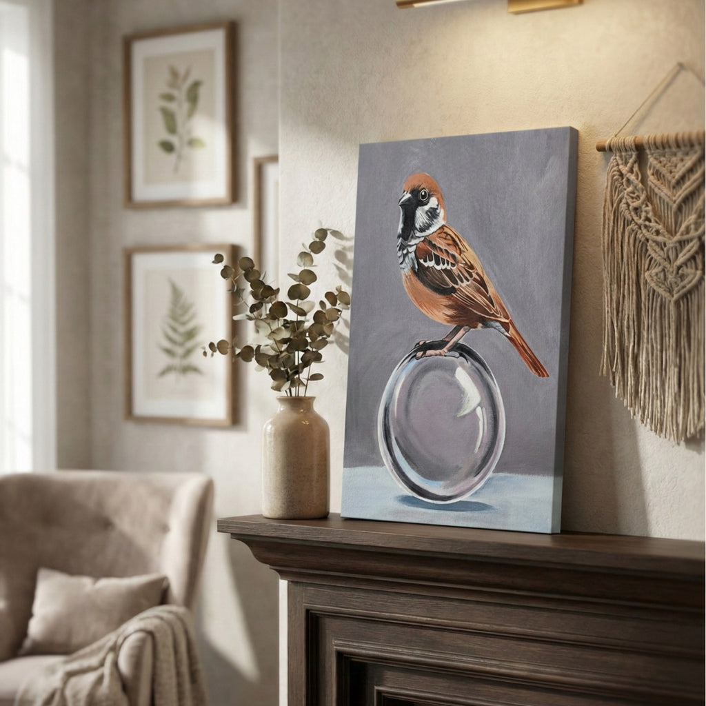 Hyper-Realistic Sparrow Wall Painting | Handmade Acrylic Art on Canvas | 16×12 Inch