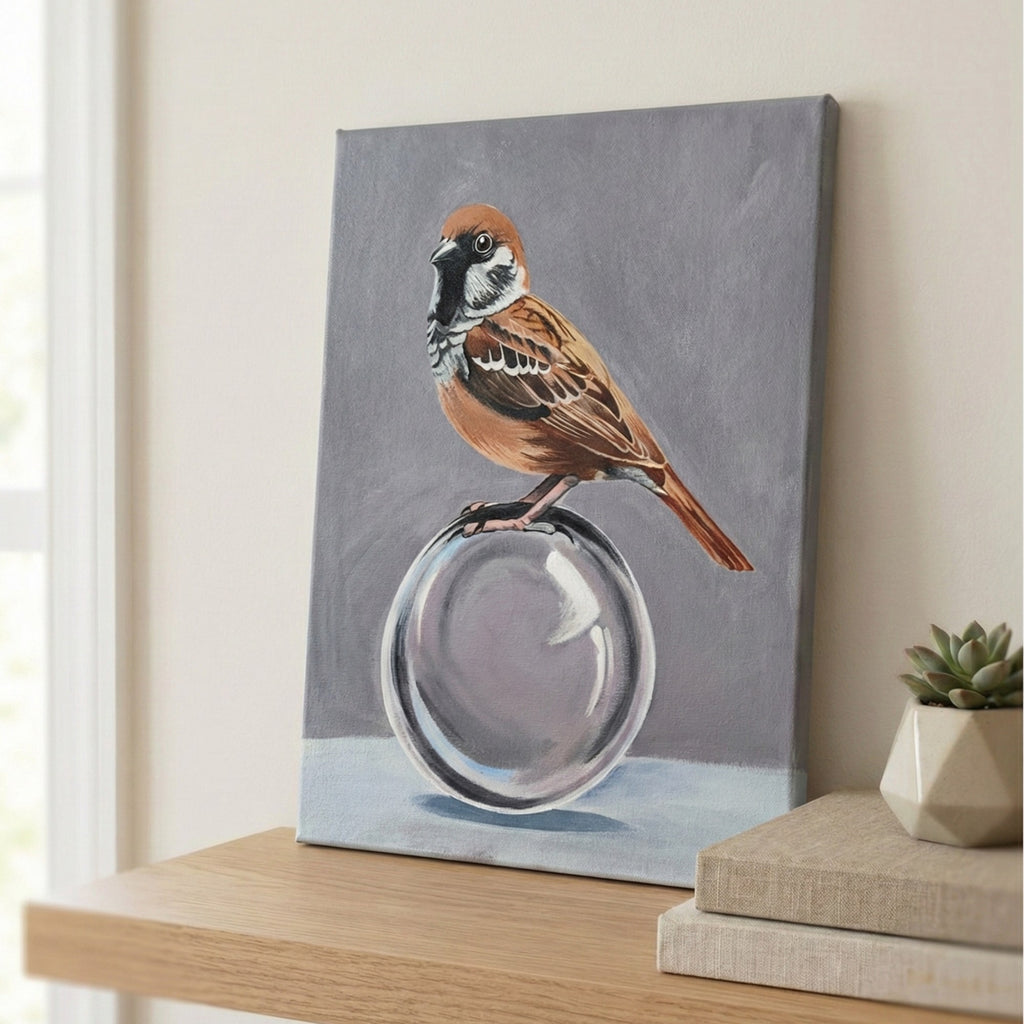 Hyper-Realistic Sparrow Wall Painting | Handmade Acrylic Art on Canvas | 16×12 Inch