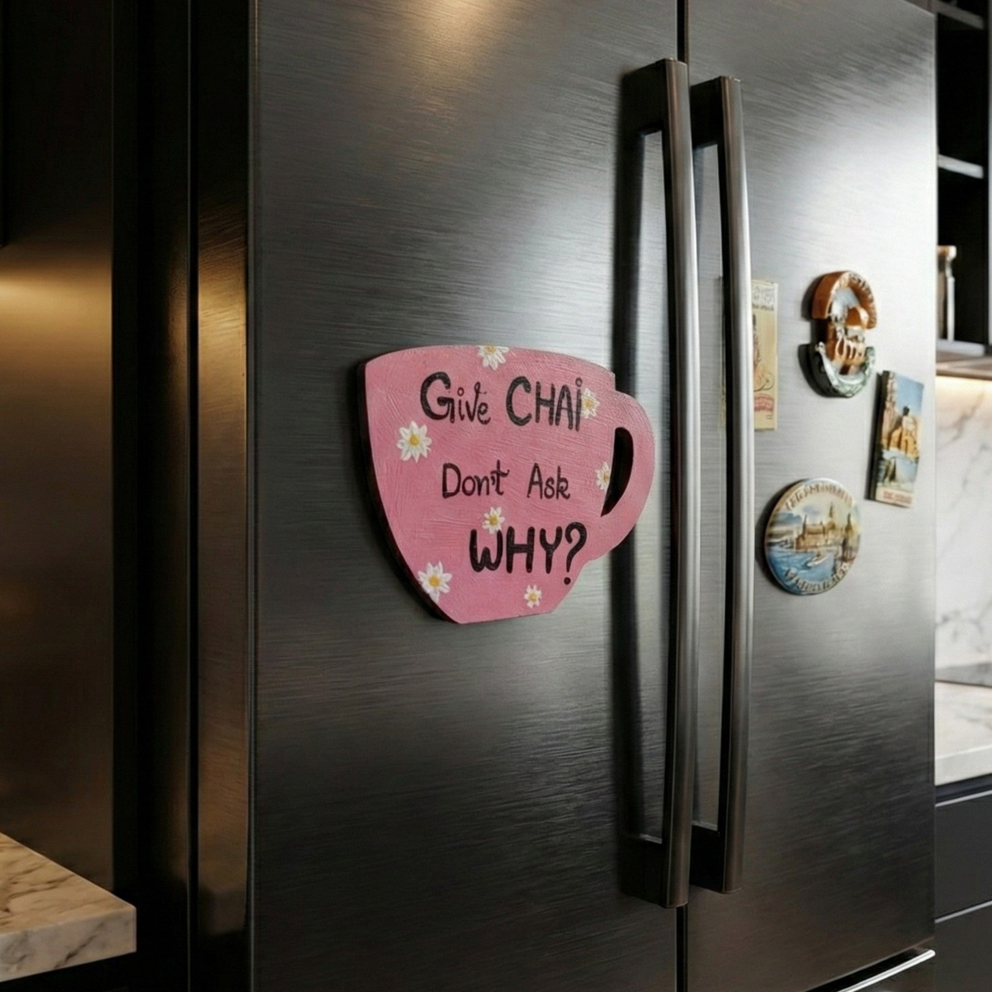 Hand-Painted Cup Art Fridge Magnet – Give Chai, Don’t Ask Why