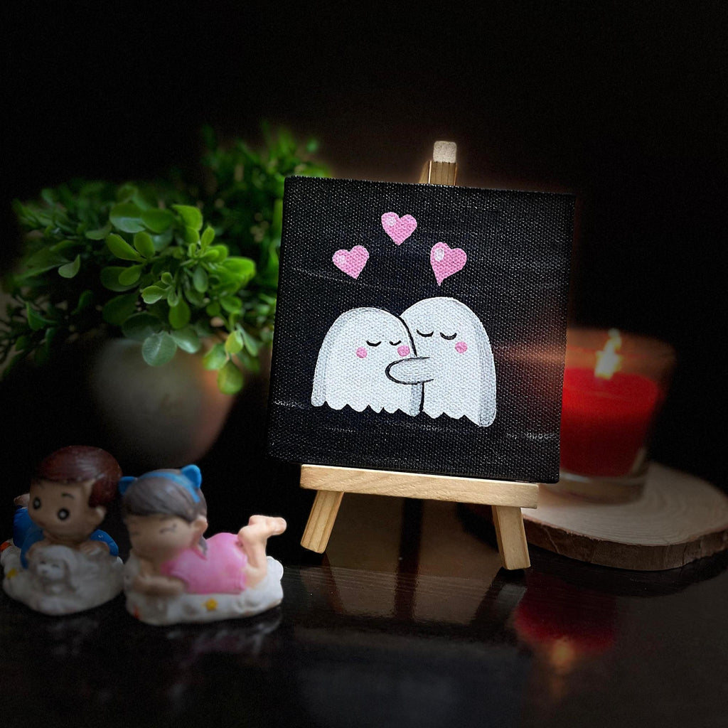 Romantic Cute Ghost Couple Art 4x4 Inch- Handmade Mini Canvas with Easel for Desk & Shelf Décor, Cute Aesthetic Decor