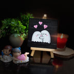 Romantic Cute Ghost Couple Art 4x4 Inch- Handmade Mini Canvas with Easel for Desk & Shelf Décor, Cute Aesthetic Decor
