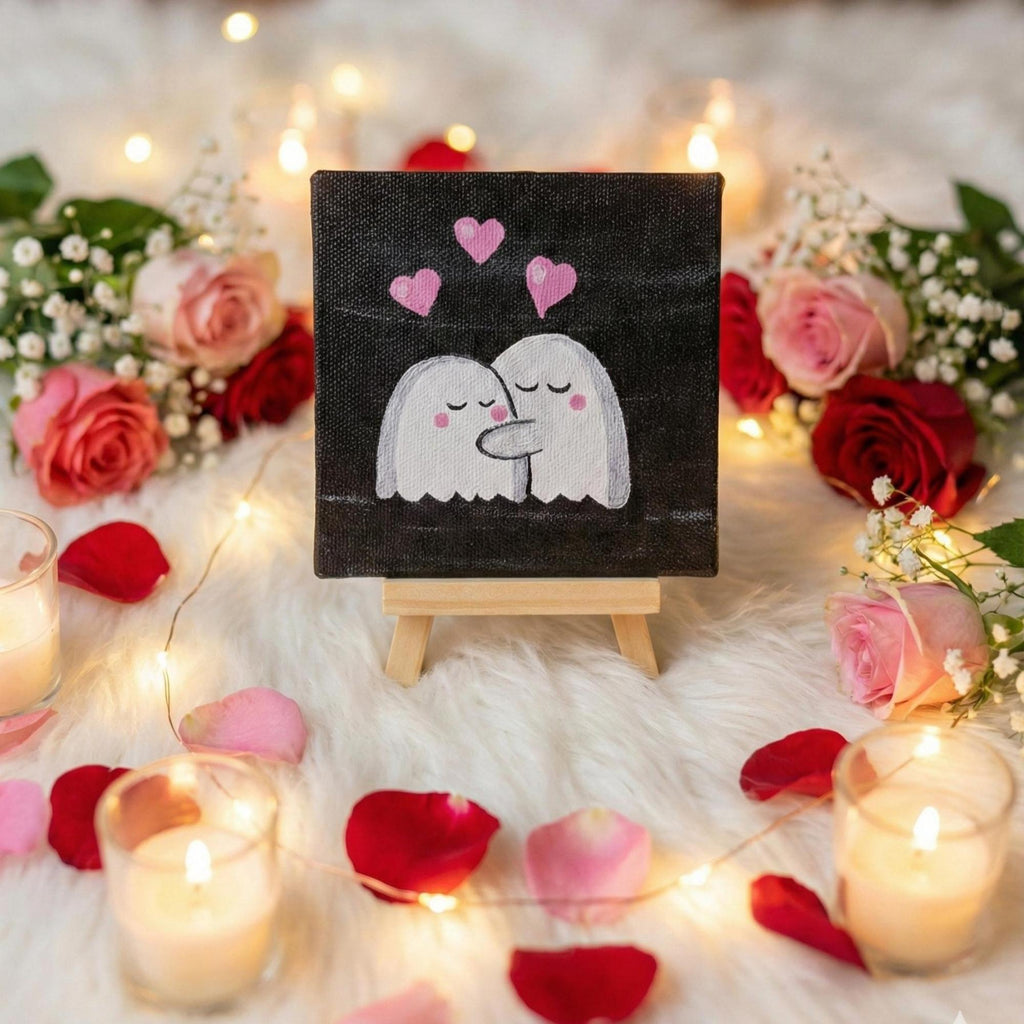 Romantic Cute Ghost Couple Art 4x4 Inch- Handmade Mini Canvas with Easel for Desk & Shelf Décor, Cute Aesthetic Decor