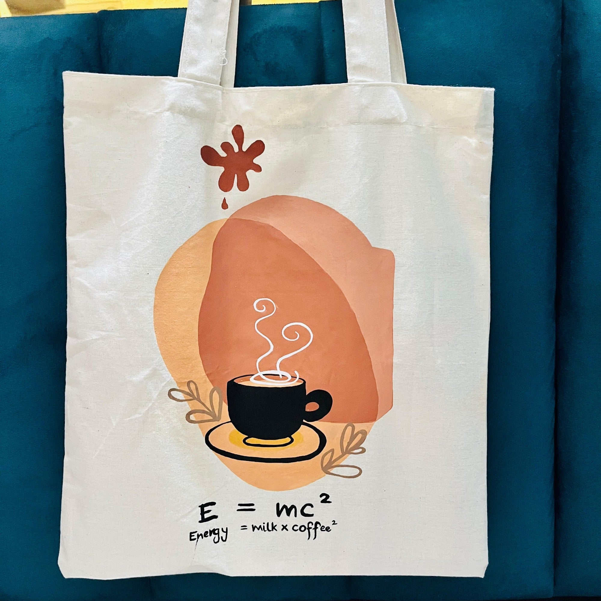 Hand-Painted Cotton Tote Bag with Inside Pocket – “Energy = Milk & Coffee” Coffee Art Design