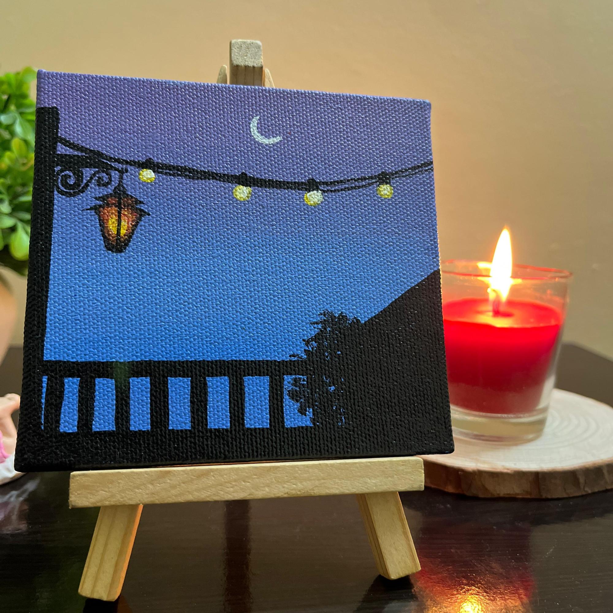 Moonlight Balcony Mini Canvas Painting With Easel - 4x4 Inch- Handmade Acrylic Art, Aesthetic Night Sky Décor, Fairy Lights Artwork, Table & Room Décor