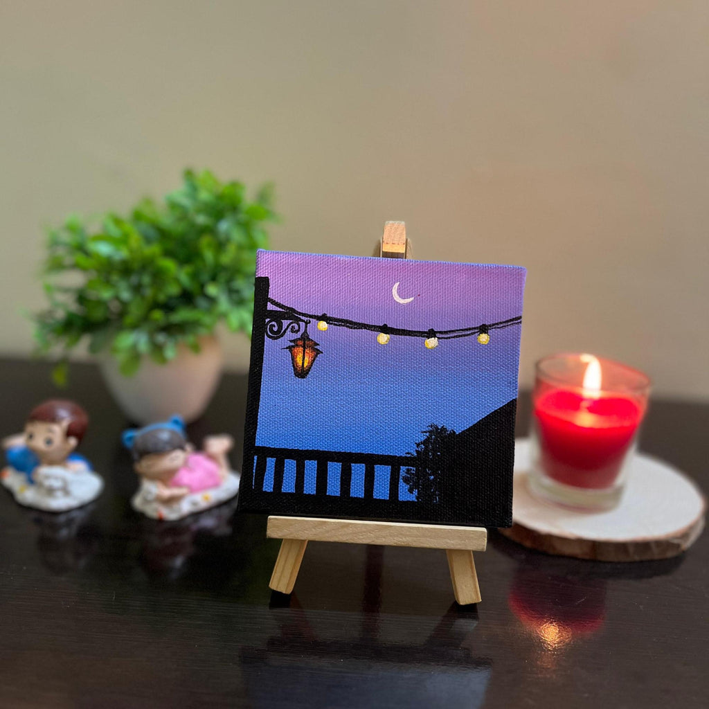 Moonlight Balcony Mini Canvas Painting With Easel - 4x4 Inch- Handmade Acrylic Art, Aesthetic Night Sky Décor, Fairy Lights Artwork, Table & Room Décor