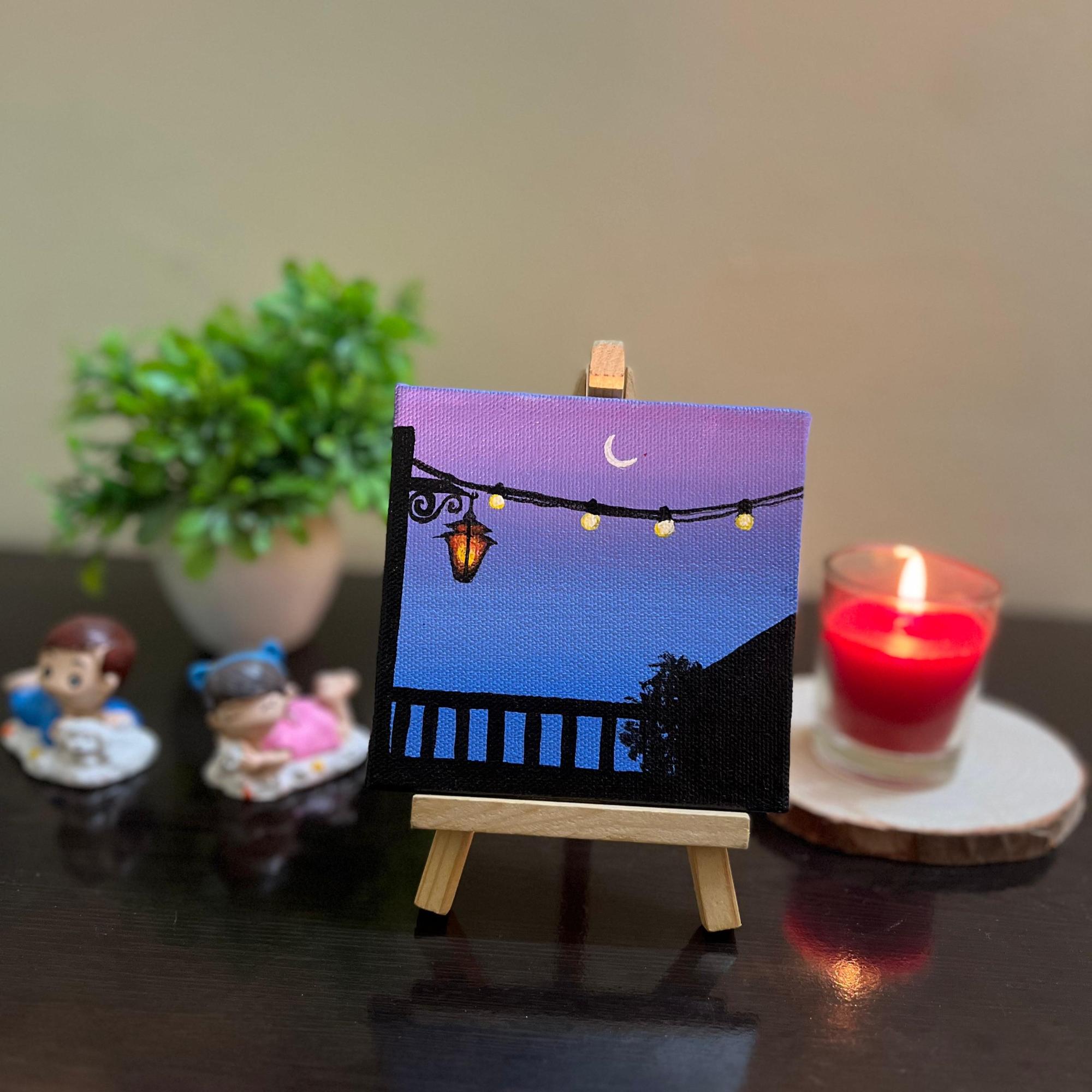 Moonlight Balcony Mini Canvas Painting With Easel - 4x4 Inch- Handmade Acrylic Art, Aesthetic Night Sky Décor, Fairy Lights Artwork, Table & Room Décor