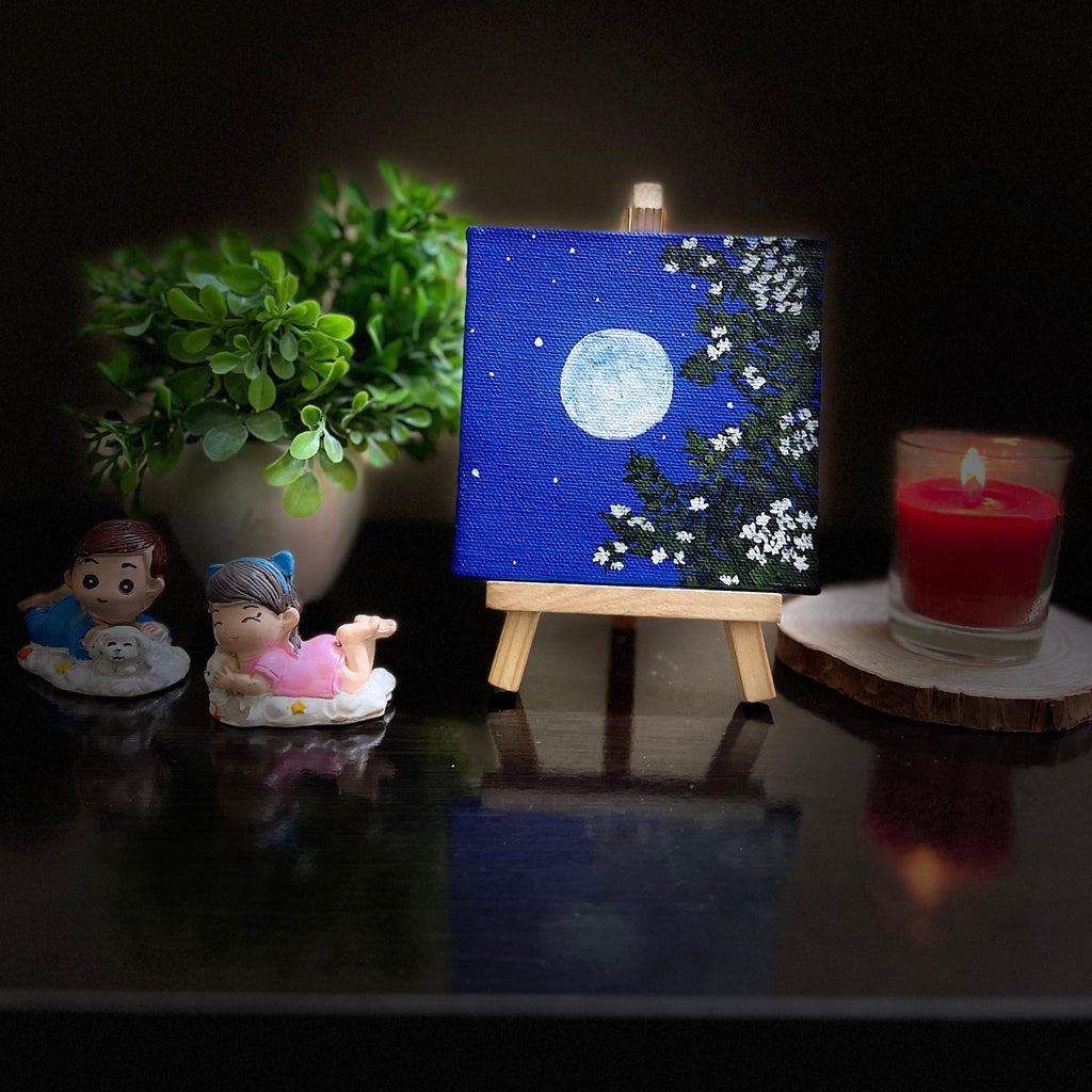 Bright Full Moon Mini Canvas Painting with Easel - 4x4 Inch- Handmade Night Sky with stars Acrylic Art with Floral Details, Starry Night with Leaves, Moon Glow Artwork,