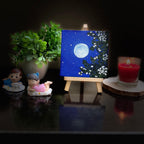 Bright Full Moon Mini Canvas Painting with Easel - 4x4 Inch- Handmade Night Sky with stars Acrylic Art with Floral Details, Starry Night with Leaves, Moon Glow Artwork,