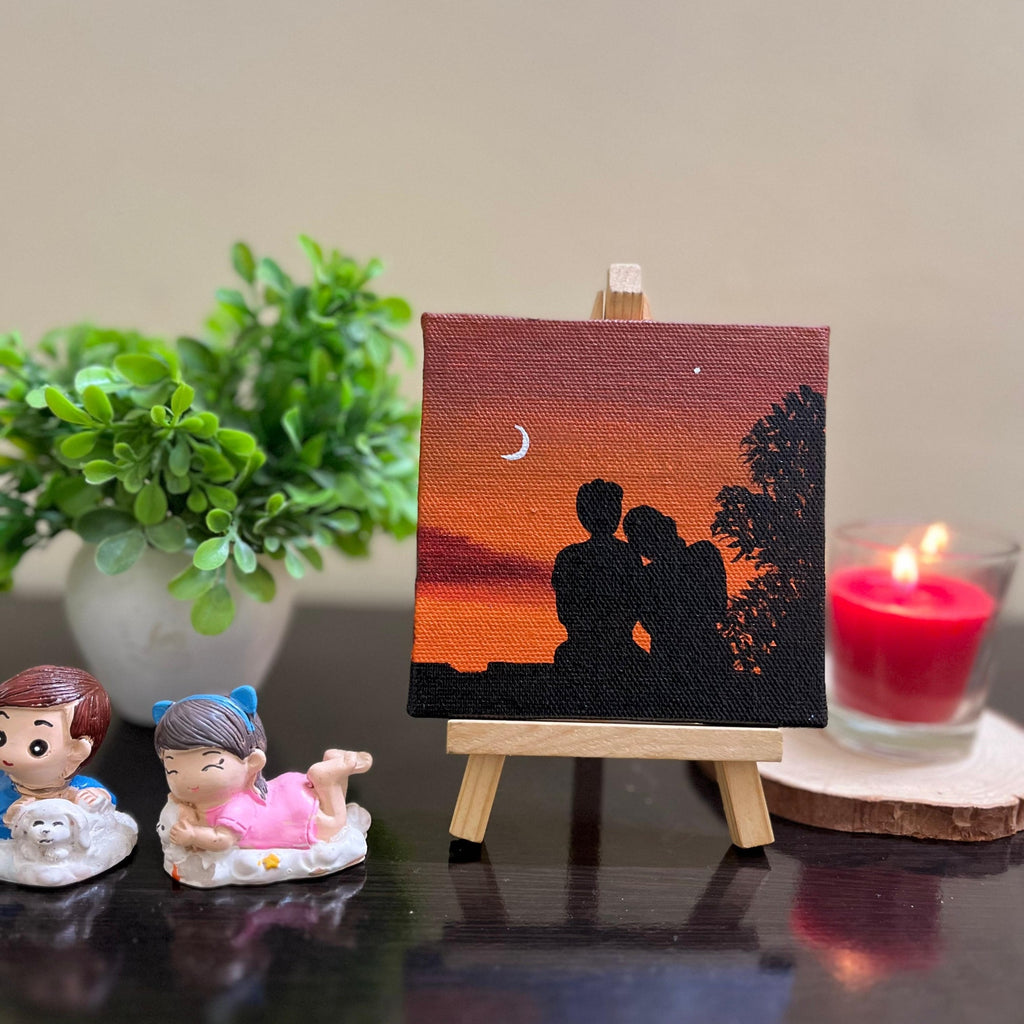 Romantic Sunset Couple Mini Canvas Painting with Ease- 4x4 Inch- Handmade Couple Silhouette Art, Love Scene Art, Acrylic Love Artwork, Aesthetic Room & Desk Décor
