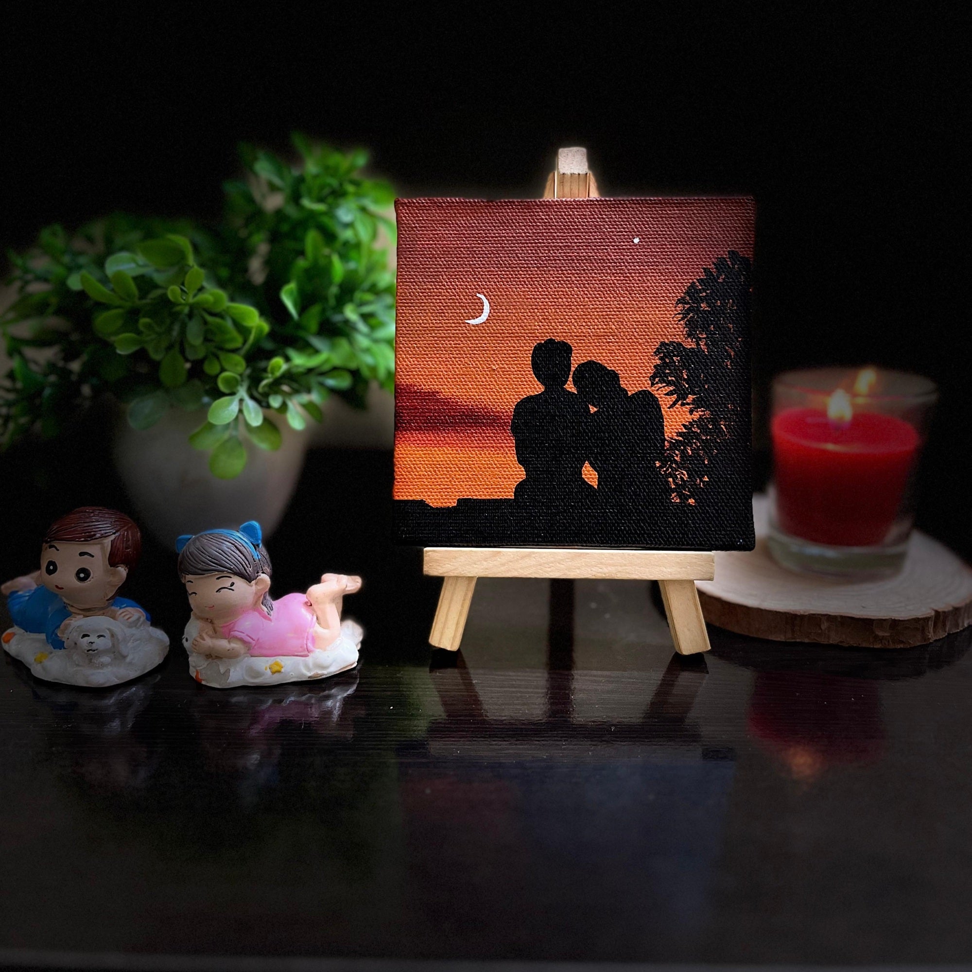 Romantic Sunset Couple Mini Canvas Painting with Ease- 4x4 Inch- Handmade Couple Silhouette Art, Love Scene Art, Acrylic Love Artwork, Aesthetic Room & Desk Décor