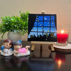Handmade Night Sky Cityscape Canvas with Easel – 4×4 inch Acrylic Mini Art for Home Décor, Study Table, Office Desk & Gifting