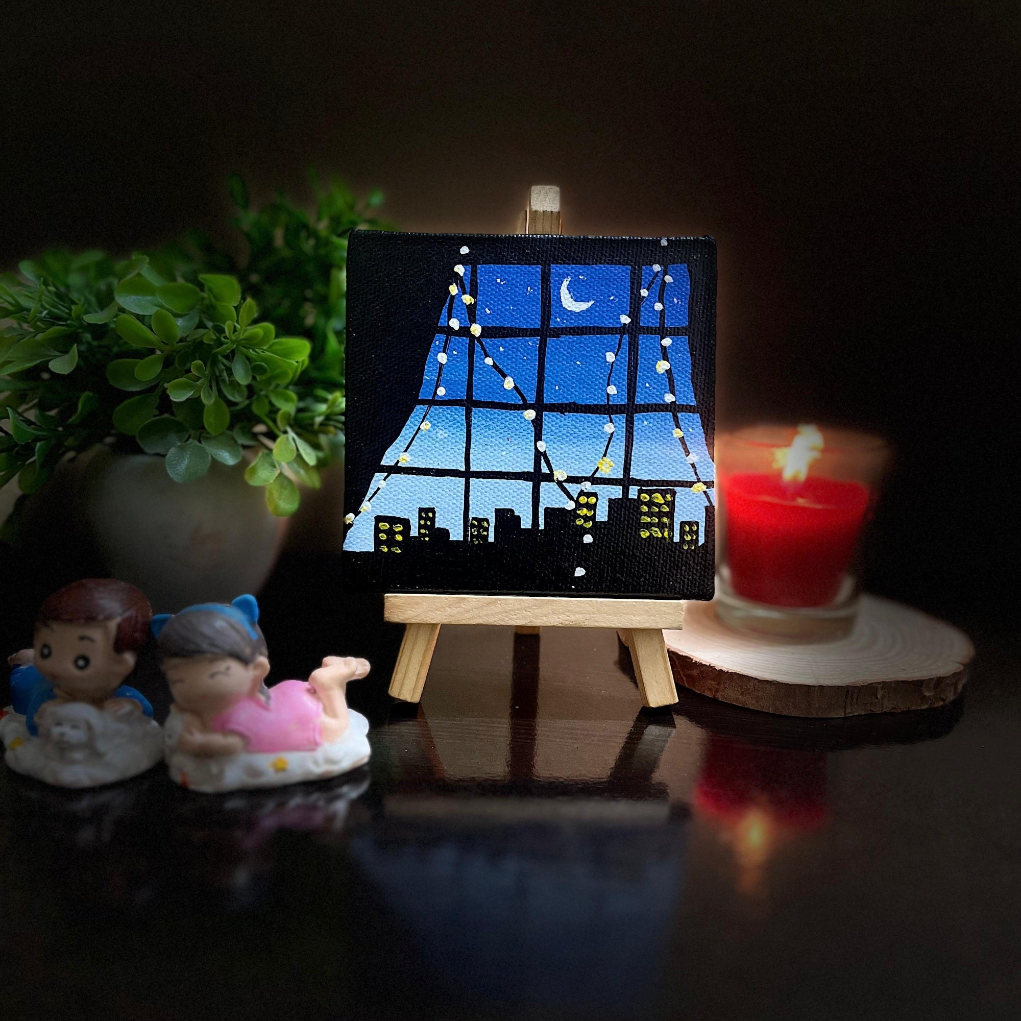 Handmade Night Sky Cityscape Canvas with Easel – 4×4 inch Acrylic Mini Art for Home Décor, Study Table, Office Desk & Gifting