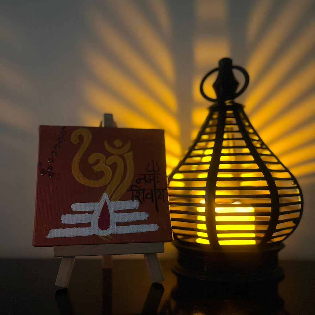 Om Namah Shivay Handmade Canvas Painting for Home Decoration, Living Room, Study Table (4*4 inches) with Easel