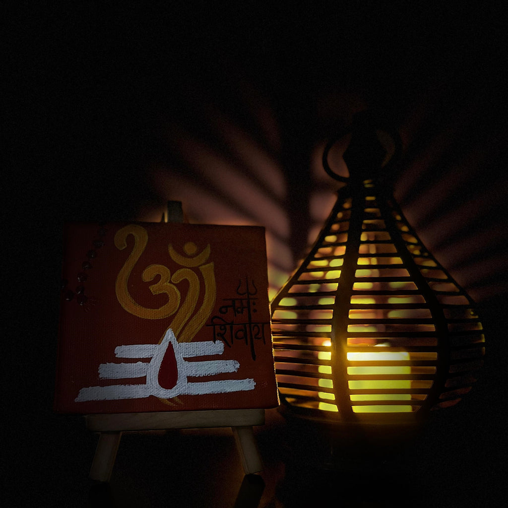 Om Namah Shivay Handmade Canvas Painting for Home Decoration, Living Room, Study Table (4*4 inches) with Easel