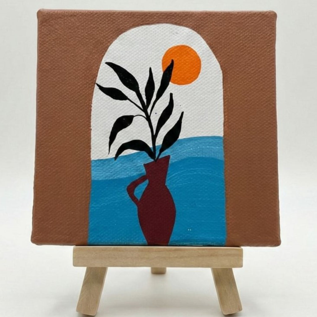 Handmade Abstract Nature Art | Minimal Modern 4×4 Inch Mini Canvas Painting with Wooden Easel | Abstract Botanical Vase & Sun Art | Aesthetic Desk, Table & Home Decor