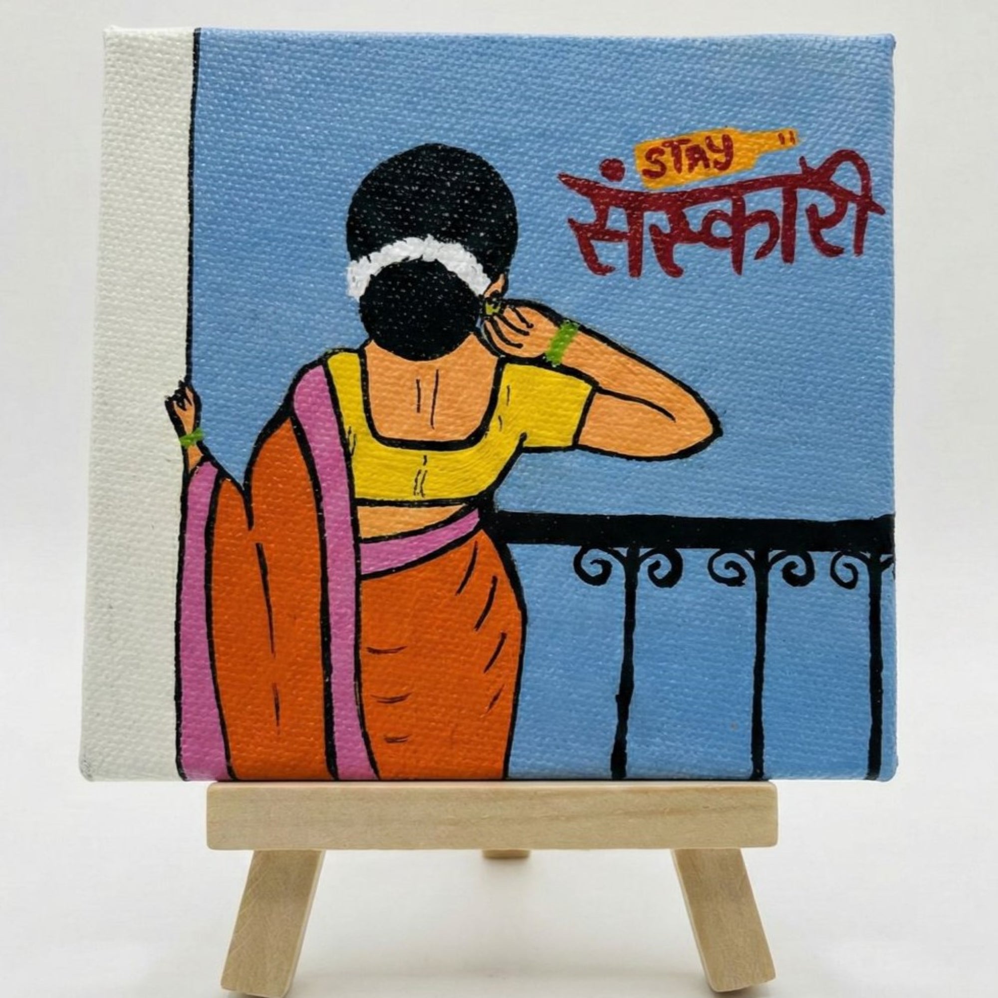 Stay Sanskari Desi Girl Painting | Handmade Acrylic 4×4 Inch Mini Canvas Art with Wooden Easel | Indian Folk & Traditional Art | Desi Aesthetic Desk, Table & Home Decor Gift