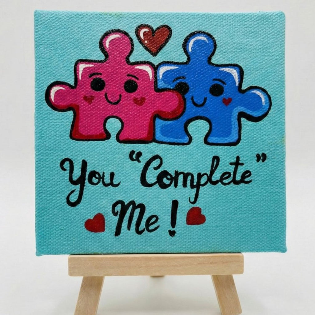 You Complete Me - Cute Love Puzzle Painting | Handmade 4×4 Inch Canvas Art with Wooden Easel | Romantic Home Mini Canvas Desk Décor | Romantic Gift for Anniversary & Valentine