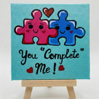You Complete Me - Cute Love Puzzle Painting | Handmade 4×4 Inch Canvas Art with Wooden Easel | Romantic Home Mini Canvas Desk Décor | Romantic Gift for Anniversary & Valentine