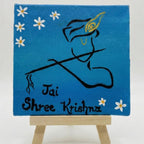 Jai Shree Krishna Handmade Canvas Painting with Easel - 4x4 Inch- Inspirational Desk & Puja Décor, Spiritual & Hind Religious Decor