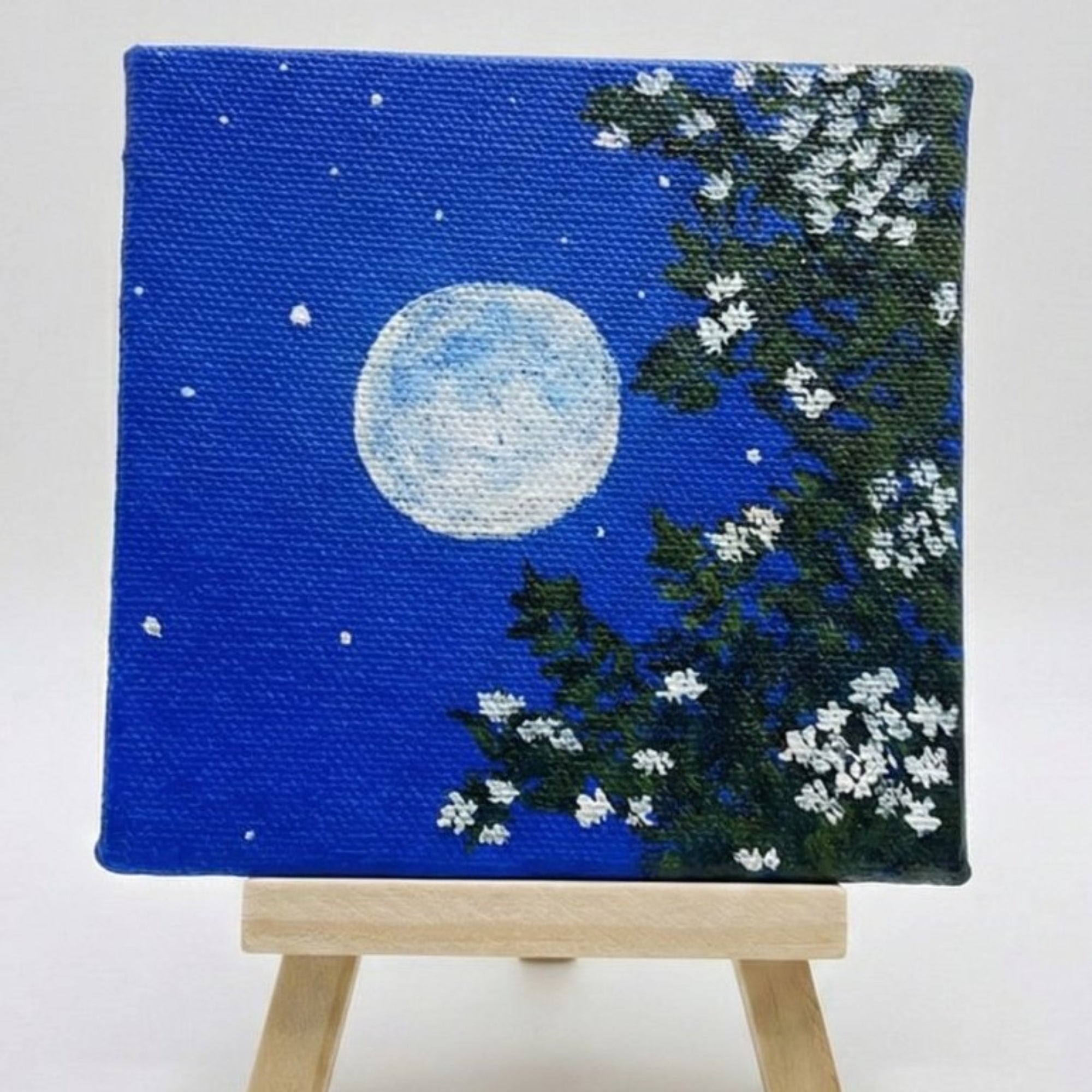 Bright Full Moon Mini Canvas Painting with Easel - 4x4 Inch- Handmade Night Sky with stars Acrylic Art with Floral Details, Starry Night with Leaves, Moon Glow Artwork,