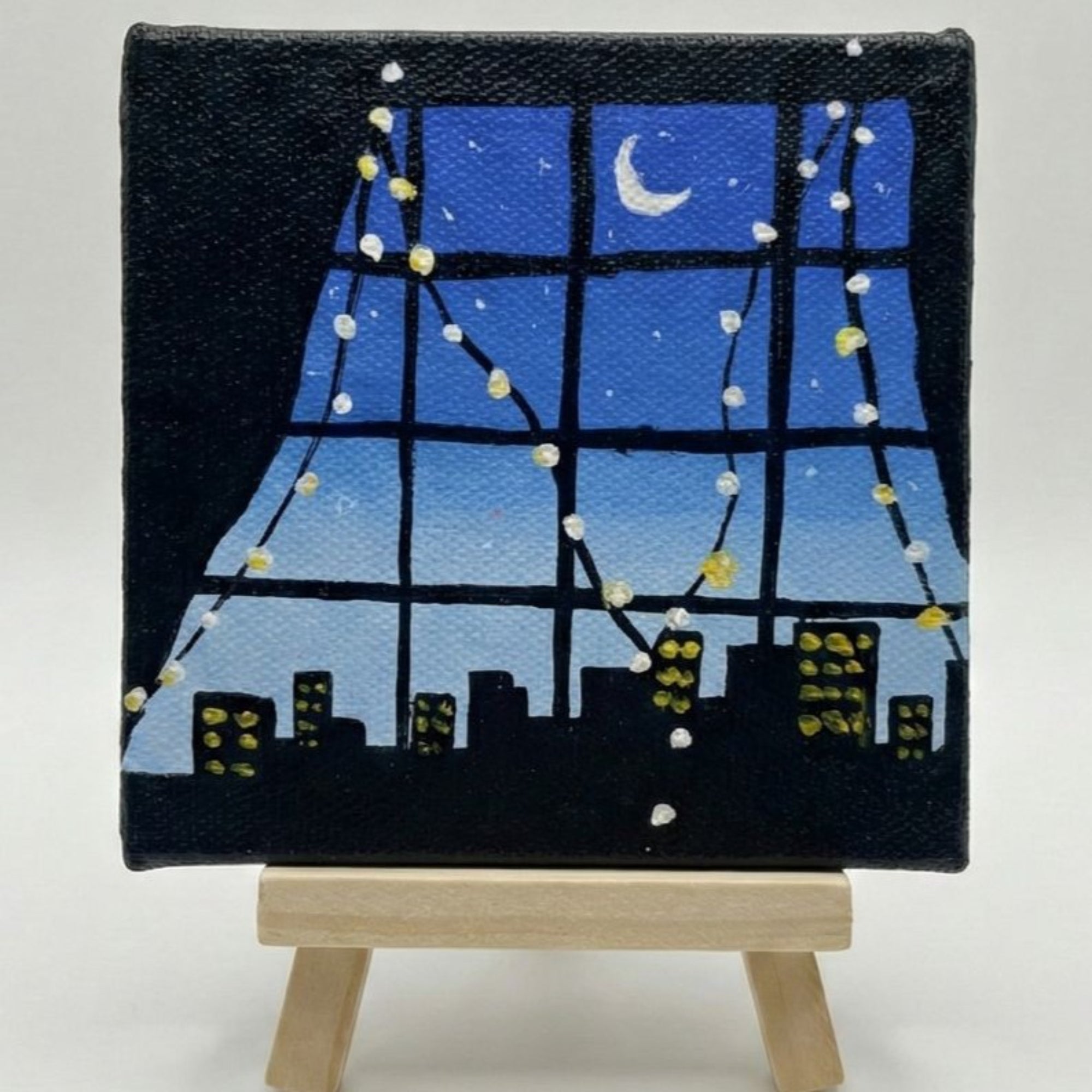 Handmade Night Sky Cityscape Canvas with Easel – 4×4 inch Acrylic Mini Art for Home Décor, Study Table, Office Desk & Gifting