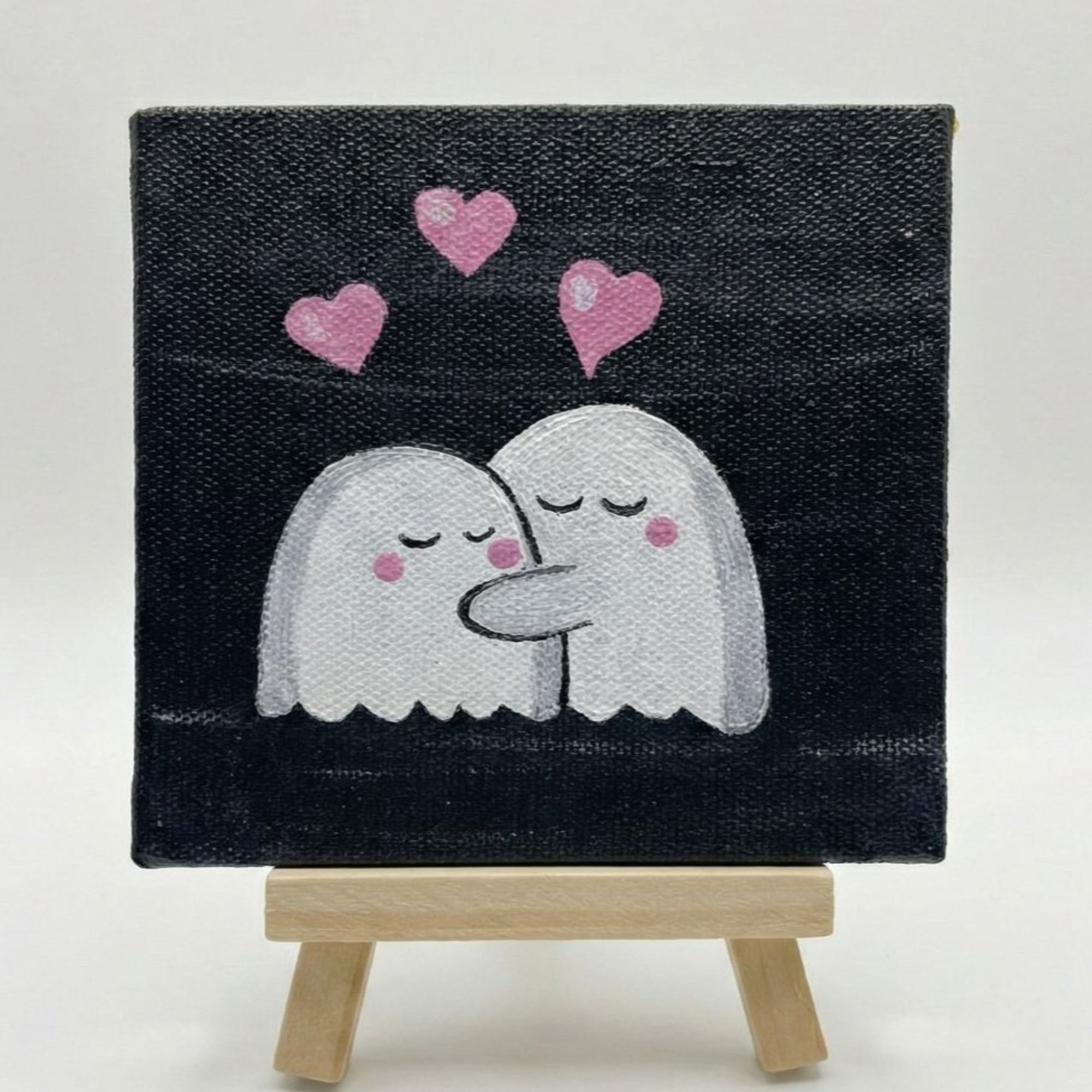 Romantic Cute Ghost Couple Art 4x4 Inch- Handmade Mini Canvas with Easel for Desk & Shelf Décor, Cute Aesthetic Decor