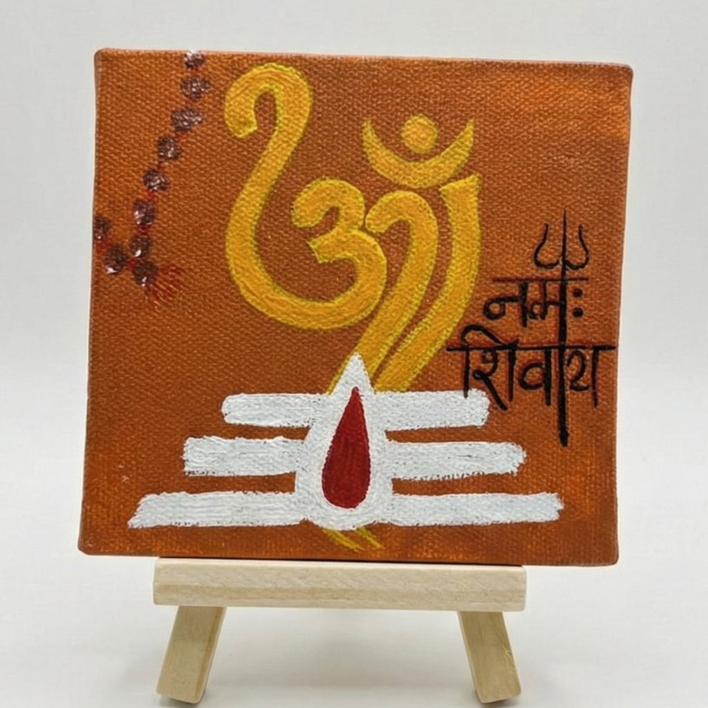 Om Namah Shivay Handmade Canvas Painting for Home Decoration, Living Room, Study Table (4*4 inches) with Easel