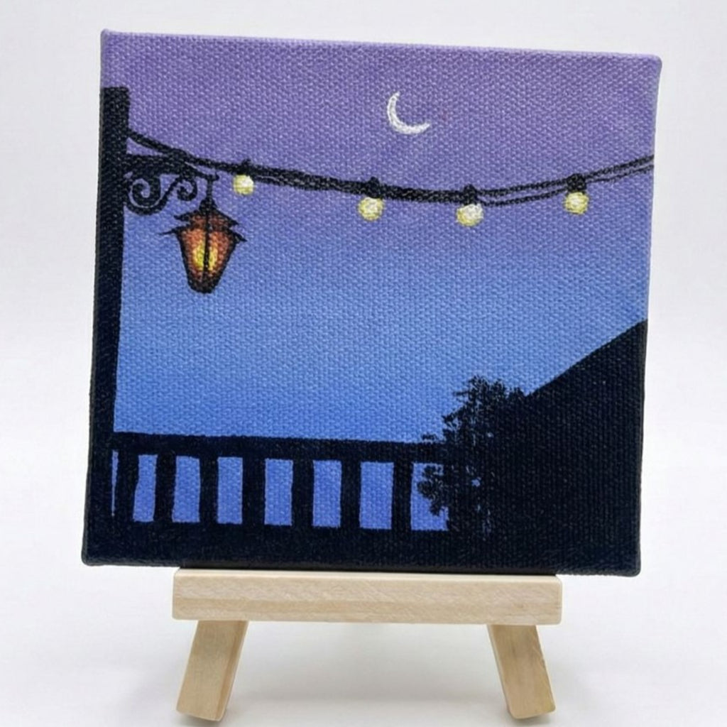Moonlight Balcony Mini Canvas Painting With Easel - 4x4 Inch- Handmade Acrylic Art, Aesthetic Night Sky Décor, Fairy Lights Artwork, Table & Room Décor