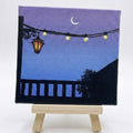 Moonlight Balcony Mini Canvas Painting With Easel - 4x4 Inch- Handmade Acrylic Art, Aesthetic Night Sky Décor, Fairy Lights Artwork, Table & Room Décor